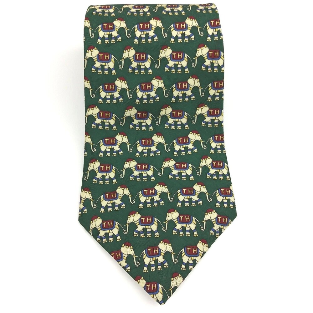 Tommy Hilfiger Silk Necktie Elephants Two Tone Green Burgundy Tie